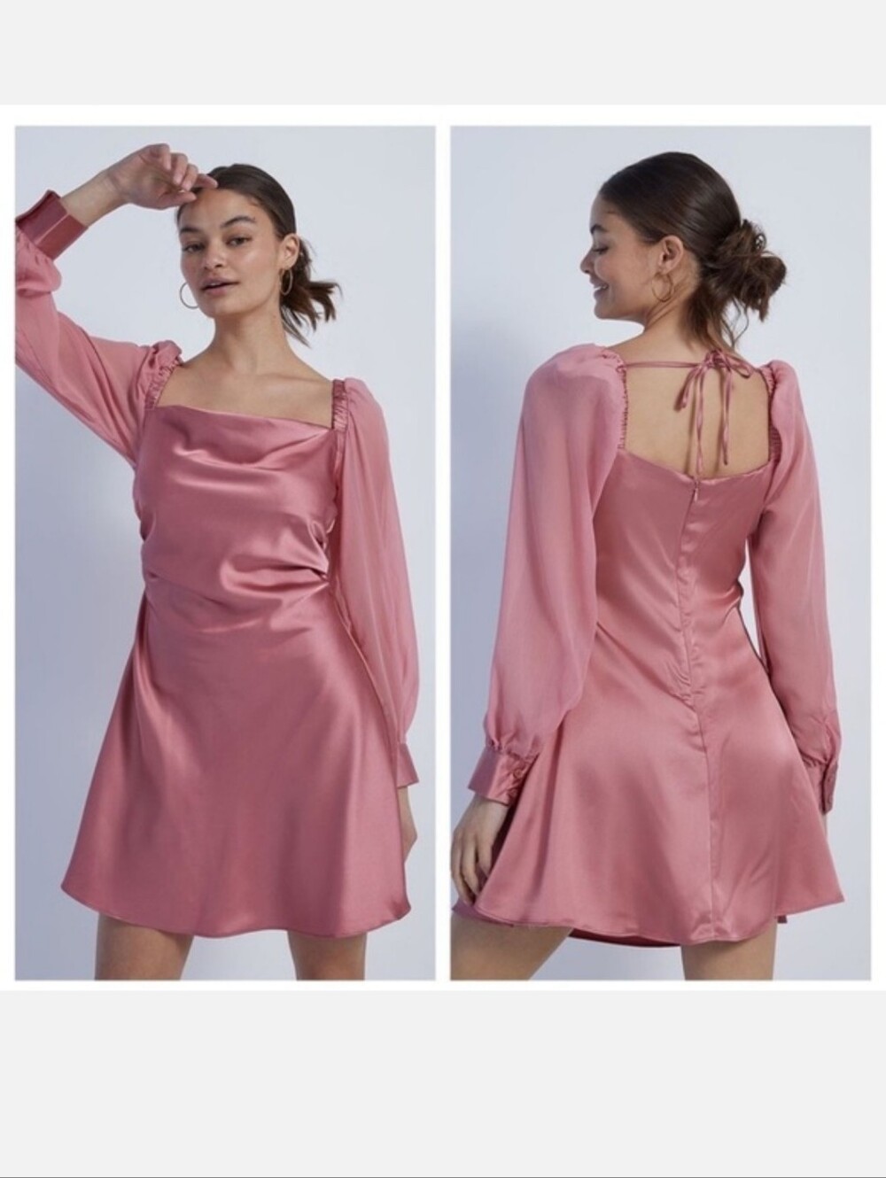 NWT WeWoreWhat Square Neck Satin Long Sleeve Mini Dress Romantic Pink Size 2